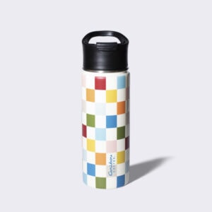 Checkered loop handled stainless steel hydration water bottle.