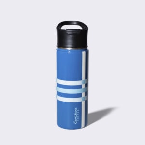 Blue loop handled stainless steel hydration water bottle with plaid stripes.