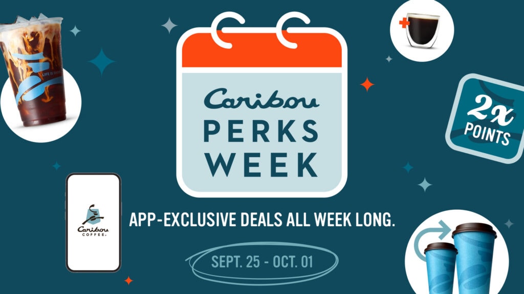 Graphic with black background, different caribou beverages, a phone with a caribou logo on it and a calendar graphic that says "Caribou Perks Week"