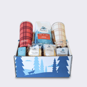 Cosy up gift set. Two different tumblers, a bag of beans and treats.