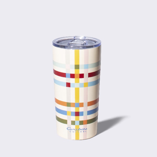Plaid stainless steel tumbler with a sliding lid.