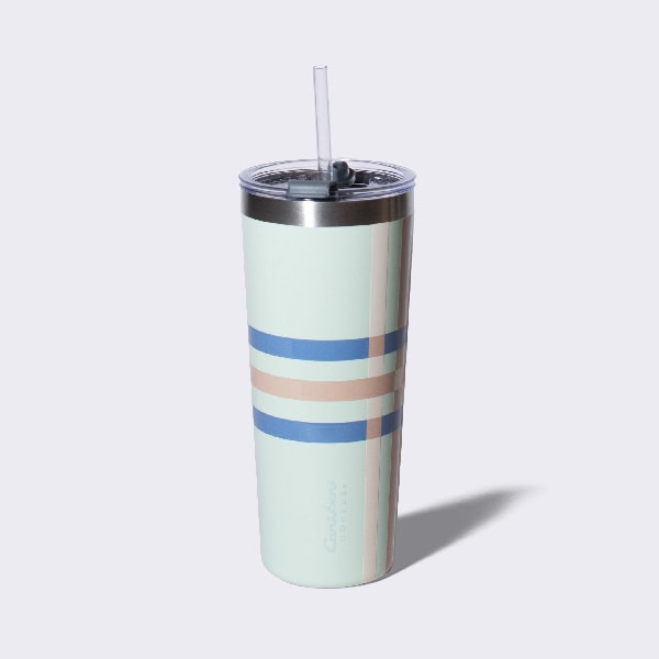 Blue plaid tumbler with a straw