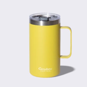 Yellow handled 20 ounce mug made with stainless steel.