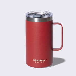 Red handled 20 ounce mug made with stainless steel.