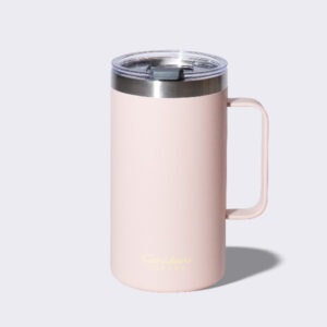 Light pink handled 20 ounce mug made with stainless steel.