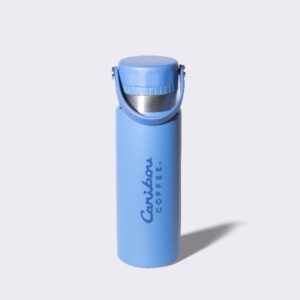 Blue stainless steel water bottle with a handle.