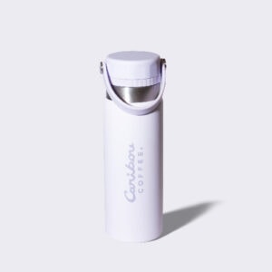 Lavender stainless steel water bottle with a handle.
