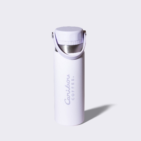 Lavender stainless steel water bottle with a handle.