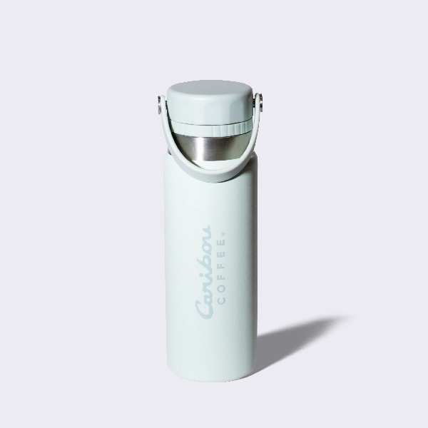 Light blue stainless steel water bottle with a handle.