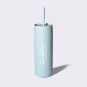 20 ounce seafoam Carter Cold Fellow mug with Straw with a Caribou Coffee logo.