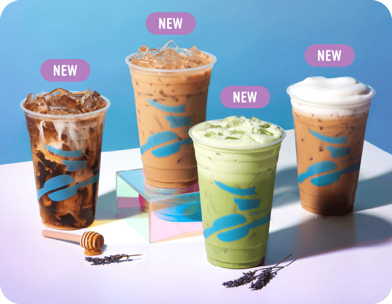 Four new lavender beverages from Caribou Coffee. Honey Lavender Espresso Shaker, Iced Honey Lavender Latte, Iced Lavender Match Tea Latte, Iced White Mocha with Lavender Oatmilk Cold Foam.