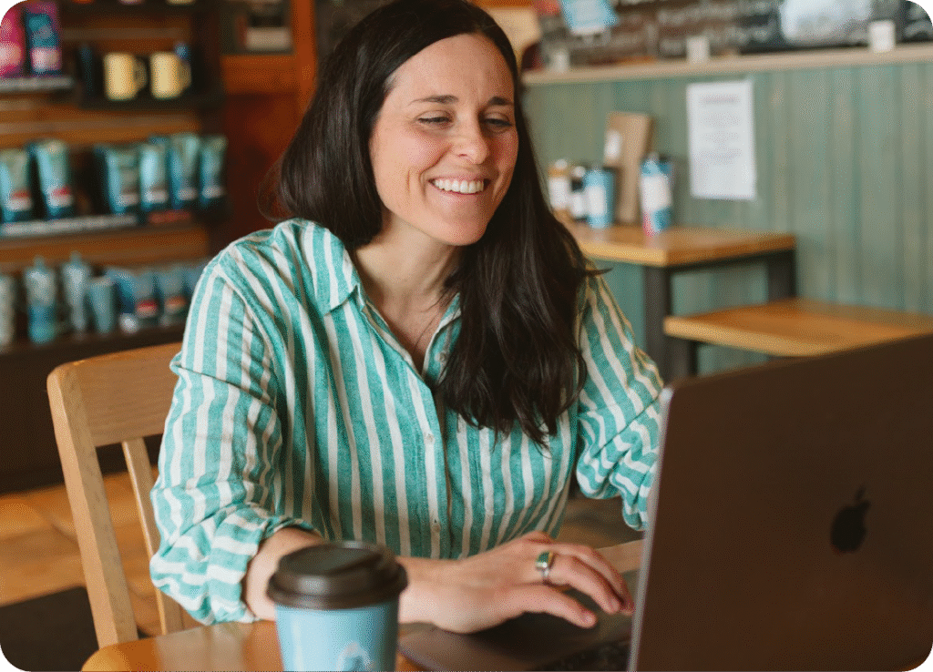 Rachel Frosch, Mom Badge founder at a Caribou Coffee