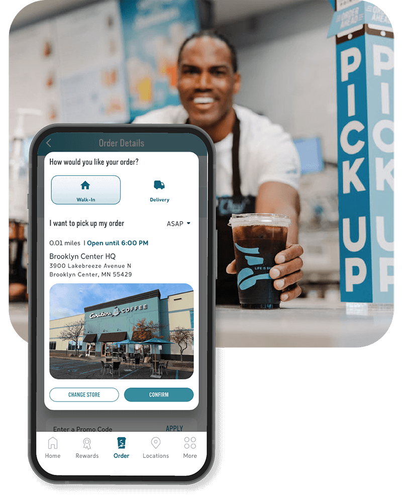 Screenshot of a store location displayed in the Caribou app