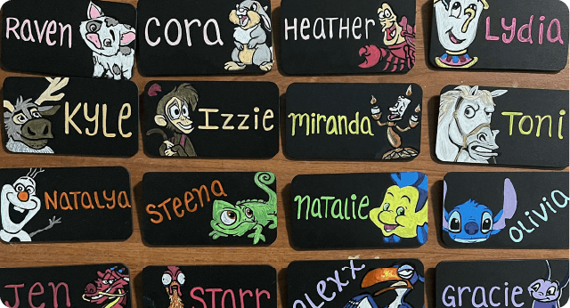 Photo of various team members' name badges