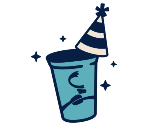 A caribou coffee cup wearing a party hat
