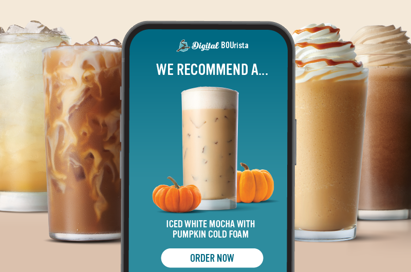Phone displaying the Digital Bourista page recommending a Iced White Mocha with Pumpkin Cold Foam and surrounded by other drinks